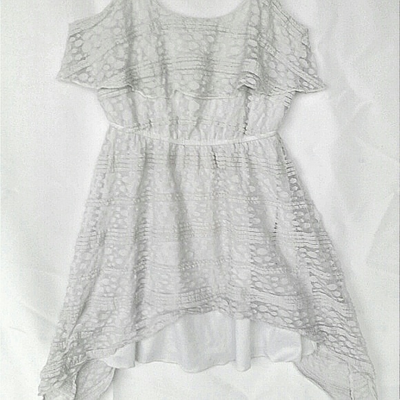 Asymmetrical Hi-Lo Sleeveless Crocheted Lace Sundress Trixxi White Polkadot Med - Picture 3 of 7